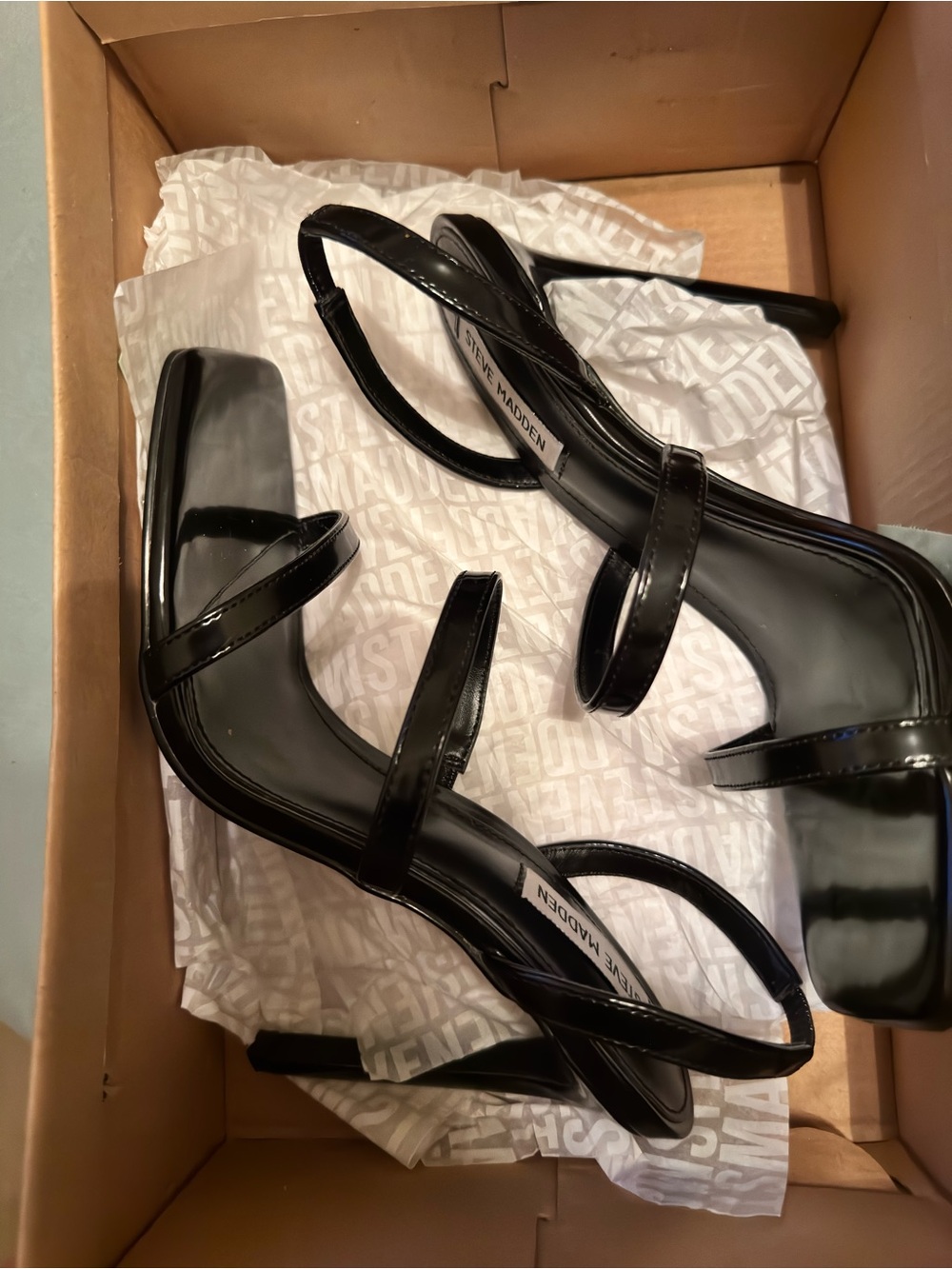 Steve Madden Black Patent Double-Strap Square Toe Slingback Heels